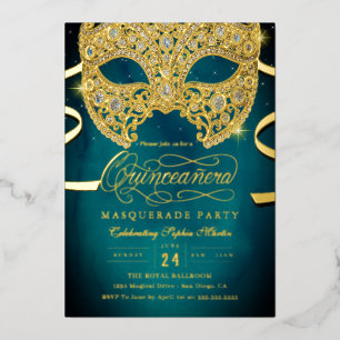 Elegante Teal-Gold-Masquerade-Quinceanera Folieneinladung
