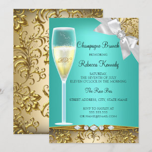 Elegante Teal-Gold-Weiße-Champagner-Brunch-Einladu Einladung