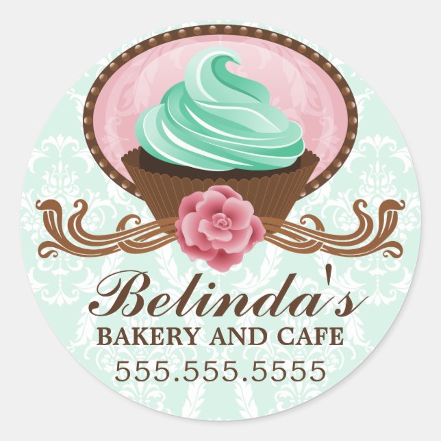 Elegante Teal Pink Brown Cupcake Bäckerei Box Sieg Runder Aufkleber (Vorderseite)