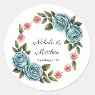 Elegante Teal-Rose und Orange-Daisy-Hochzeit Runder Aufkleber