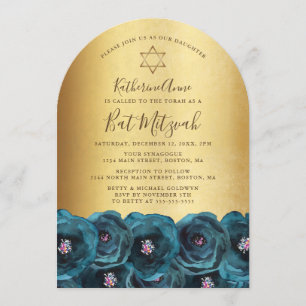 Elegante Teal-Rosen-Blumen-Gold-Bat-Mizwa Einladung