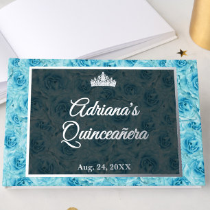 Elegante Teal-Rosen-Blumen-Quinceanera-Silber Gästebuch