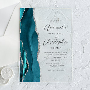 Elegante Teal Silber Achat Schrift Hochzeit Acryleinladungen
