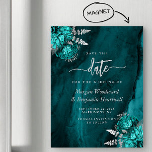 Elegante teal-silberne Blumenhochzeit - Termin vor Magneteinladung