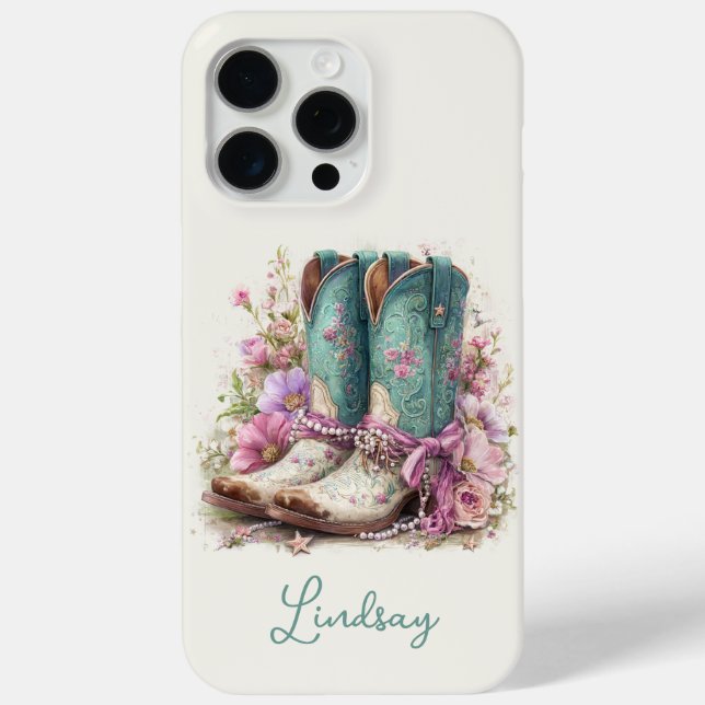 Elegante Teal-Stiefel mit Blumen monogrammiert Case-Mate iPhone Hülle (Rückseite)