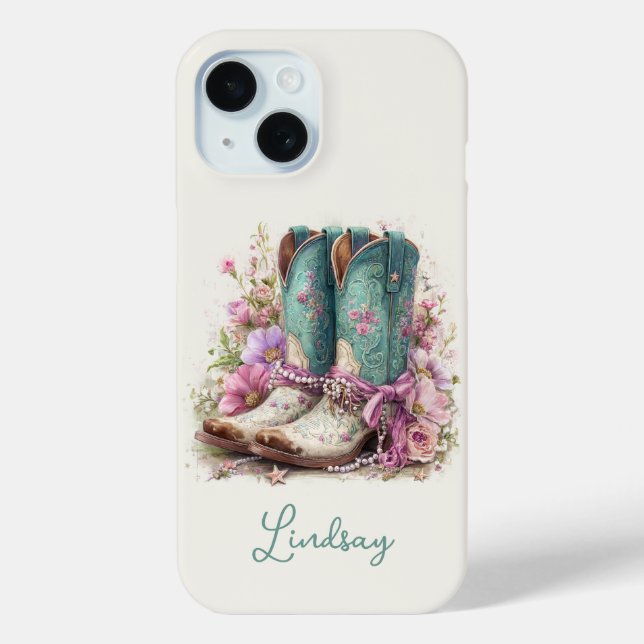 Elegante Teal-Stiefel mit Blumen monogrammiert Case-Mate iPhone Hülle (Rückseite)