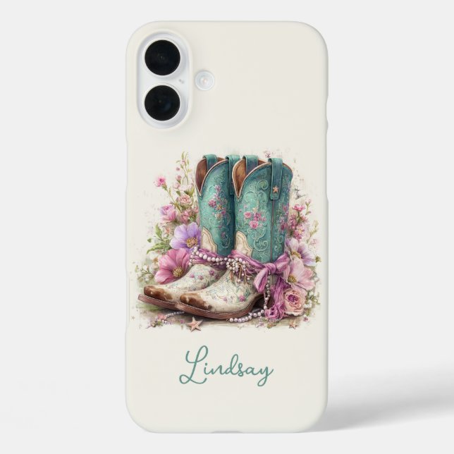Elegante Teal-Stiefel mit Blumen monogrammiert iPhone 16 Plus Hülle (Rückseite)