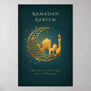 Elegante Teal- und Goldmoschee-Halbmond Ramadan Poster