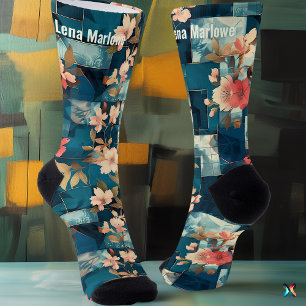Elegante Teal- und Korallen-Blumenpatchwork- indiv Socken