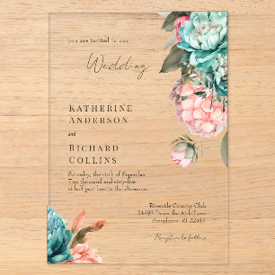 Elegante Teal- und Korallen-Pfingstrosen-Hochzeit Acryleinladungen