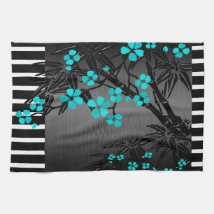 Elegante Tealblaue Blüte Schwarzer Asiatischer Bam Geschirrtuch