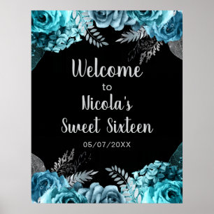 Elegante Tealblaue und silberne Blumen Sweet Sixte Poster