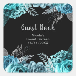 Elegante Tealblaue und silberne Blumen Sweet Sixte Quadratischer Aufkleber