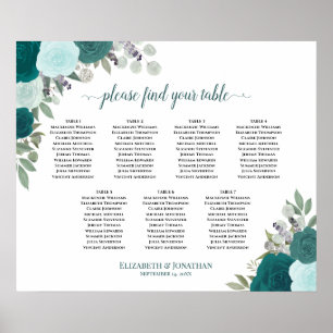 Elegante Tealrosen 7-Tisch-Hochzeits-Sitzplan Poster