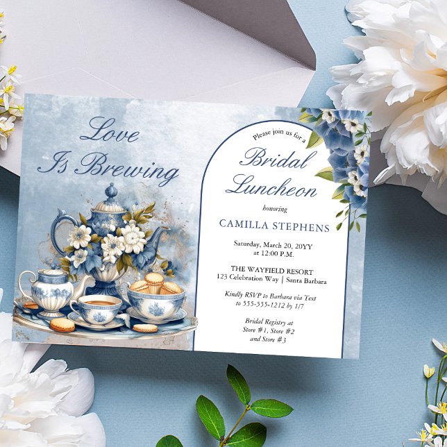 Elegante Teatro Sociale Bellinzona Set Einladung (Elegant Blue Floral Teacup Bridal Shower Tea Landscape Invitation)