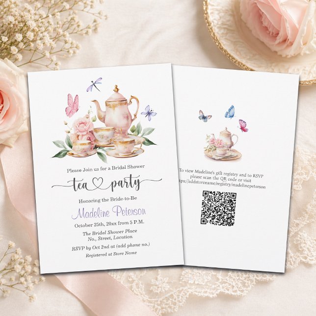 Elegante Teeparty-QR-Code-Schmetterling-Junggesell Einladung (Von Creator hochgeladen)