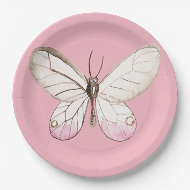 Elegante Teller mit Aquarellbutterfly Pink Paper (Vorderseite)