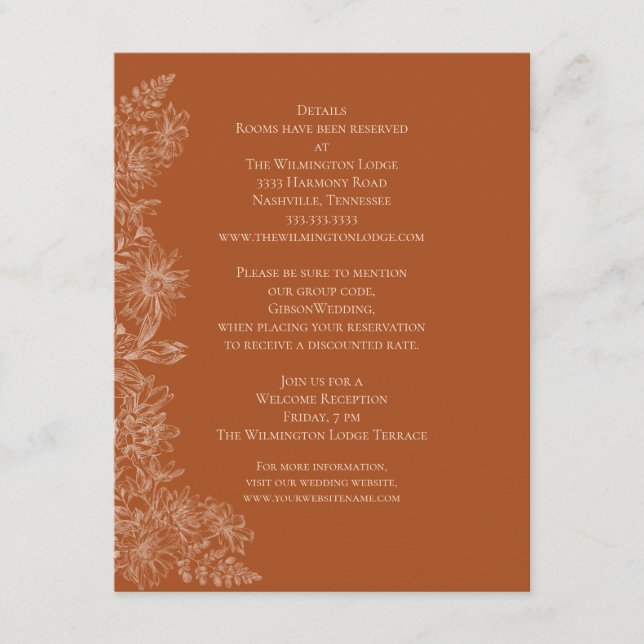 Elegante Terra Cotta Floral Wedding Details Begleitkarte (Vorderseite)