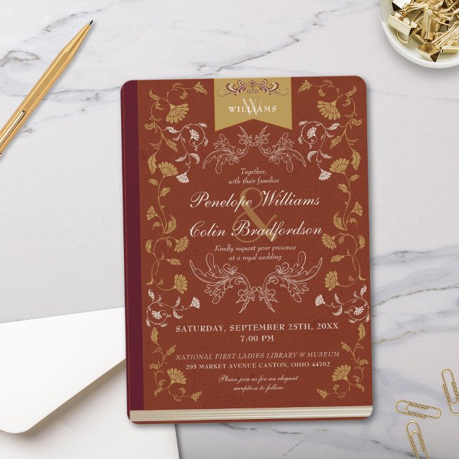 Elegante Terra Cotta Gold Floral Book Cover Weddin Einladung (Elegant and Rustic Vintage Floral Wedding Invitation with Terra Cotta Beige and Gold for Regal Vows)