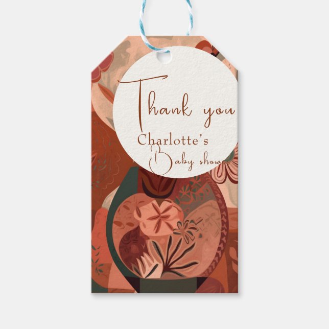 Elegante Terracotta Boho Babydusche Geschenkanhänger (Vorderseite)