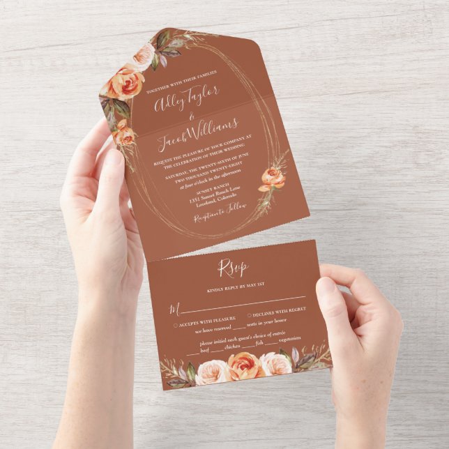 Elegante Terracotta Boho Hochzeit im Herbst All In One Einladung (Abreißen)