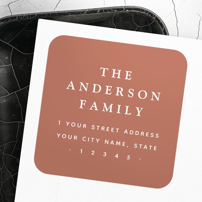 Elegante Terracotta-braune Rücksendeadresse Quadratischer Aufkleber (Elegant terracotta brown return address square sticker)
