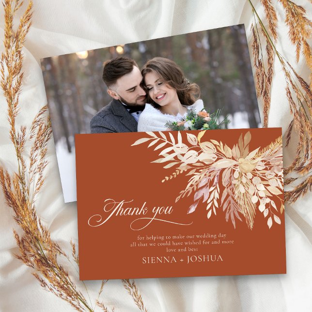 Elegante Terracotta Creme Foliage Duet Foto Dankeskarte (Elegant terracotta Wedding photo thank you card - Foliage Duet Wedding Collection)