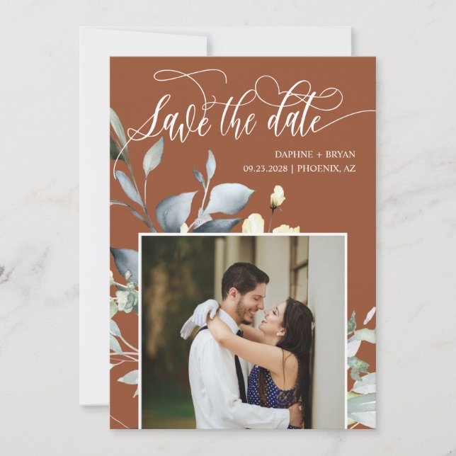 Elegante Terracotta Fall Green Blätter QR Code Fot Save The Date (Vorderseite)