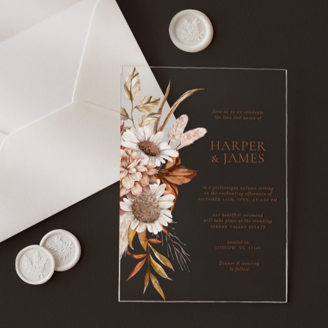 Elegante Terracotta Floral Boho Hochzeit im Herbst Acryleinladungen (Elegant Terracotta Floral Boho Fall Wedding Acrylic Invitations)