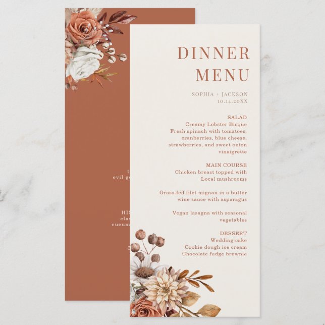 Elégante Terracotta Floral Mariage Diner Carte Men (Devant / Derrière)