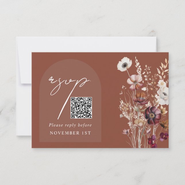 Elegante Terracotta Floral QR Code Hochzeit RSVP Karte (Vorderseite)