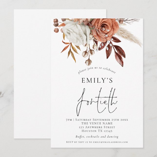 Elegante Terracotta Florals Fortieth Birthday Part Einladung (Vorne/Hinten)