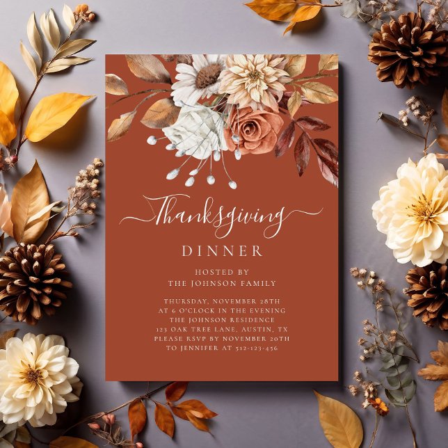 Elegante Terracotta Herbst Erntedank Einladung (Elegant Terracotta Fall Floral Thanksgiving Dinner Invitation)