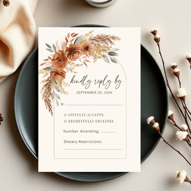Elegante Terracotta Rustikale Herberge Hochzeit RSVP Karte (Elegant Rust Terracotta Fall Floral Wedding RSVP Card)