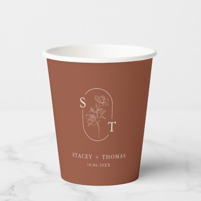 Elegante Terracotta Whimsical Wedding Pappbecher (Vorderseite)
