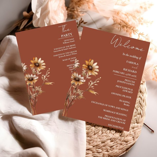 Elegante Terracotta Wildblume Wedding Program Card (Von Creator hochgeladen)