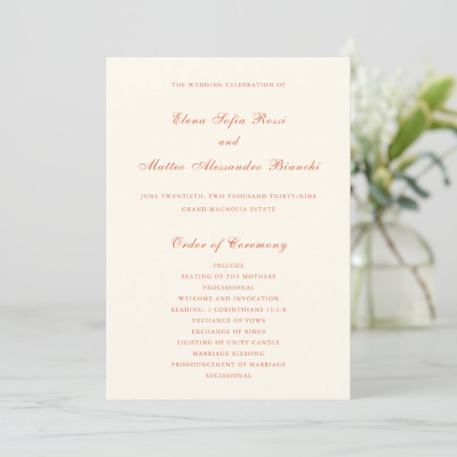 Elegante Terrakotta-Moderne Klassische Hochzeit Programm (Stehend Vorderseite)