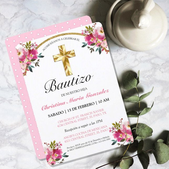 Elegante Tinta Floral Bautizo Einladung (Elegante Tinta Floral Bautizo Cruz De Oro Invitation)