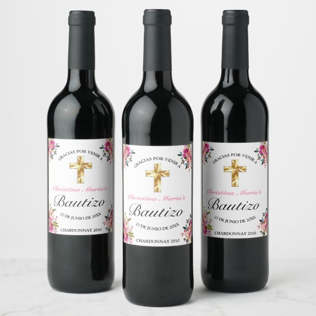 Elegante Tinta Floral Bautizo Weinetikett (Flaschen)