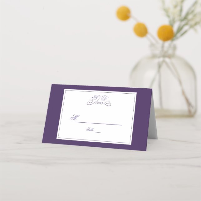 Elegante Tischnummer an den Lila und weißen Grenze Platzkarte (Rückseite)