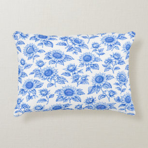 Elegante Toile du Jouy Sonnenblumen – Blaue Botani Dekokissen
