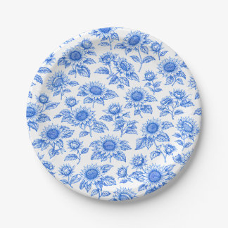 Elegante Toile du Jouy Sonnenblumen – Blaue Botani Pappteller
