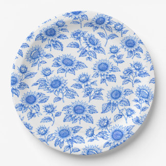 Elegante Toile du Jouy Sonnenblumen – Blaue Botani Pappteller