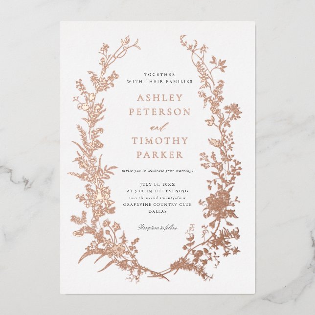 Elegante Toile Floral Wreath Wedding Rose Gold Folieneinladung (Vorderseite)