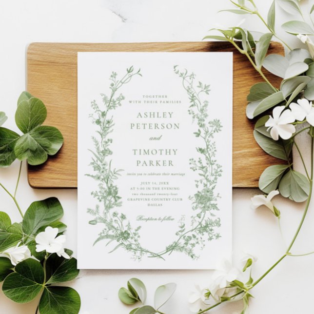 Elegante Toile French Sage Grüne Blumenhochzeit Einladung (Von Creator hochgeladen)