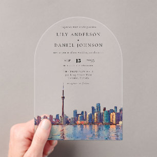 Elegante Toronto-Skyline-Aquarell-Hochzeitsbogen Acryleinladungen