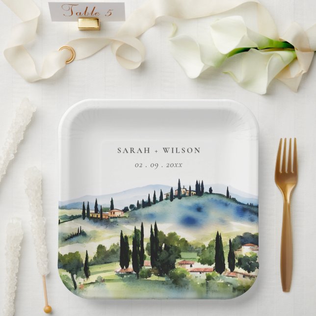 Elegante Toskana Italien Wasserfarbenen Landschaft Pappteller (Hochzeit)