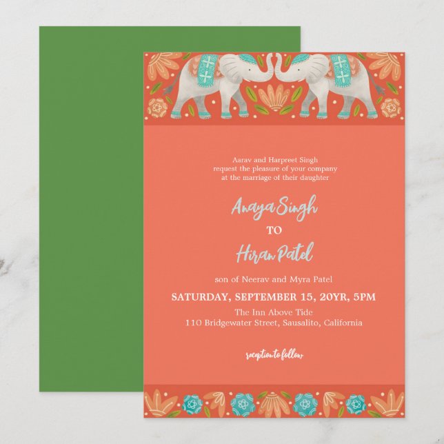 Elegante traditionelle indische Elefanten Hochzeit Einladung (Vorne/Hinten)
