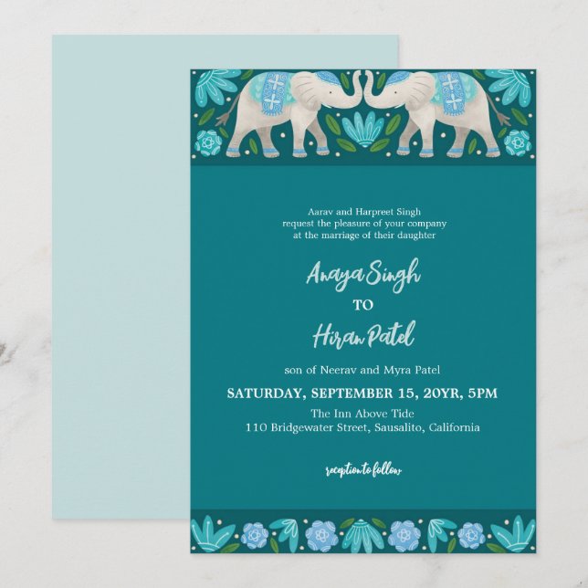Elegante traditionelle indische Elefanten Hochzeit Einladung (Vorne/Hinten)