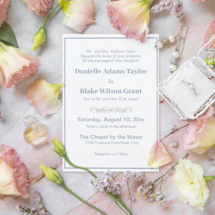 Elegante traditionelle Wörter dusty Blue White Wed Einladung